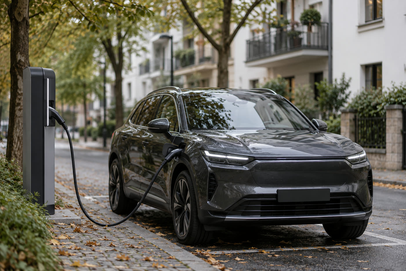 KI-generiertes Symbolbild: E-Auto lädt an einer Ladesäule in der Stadt