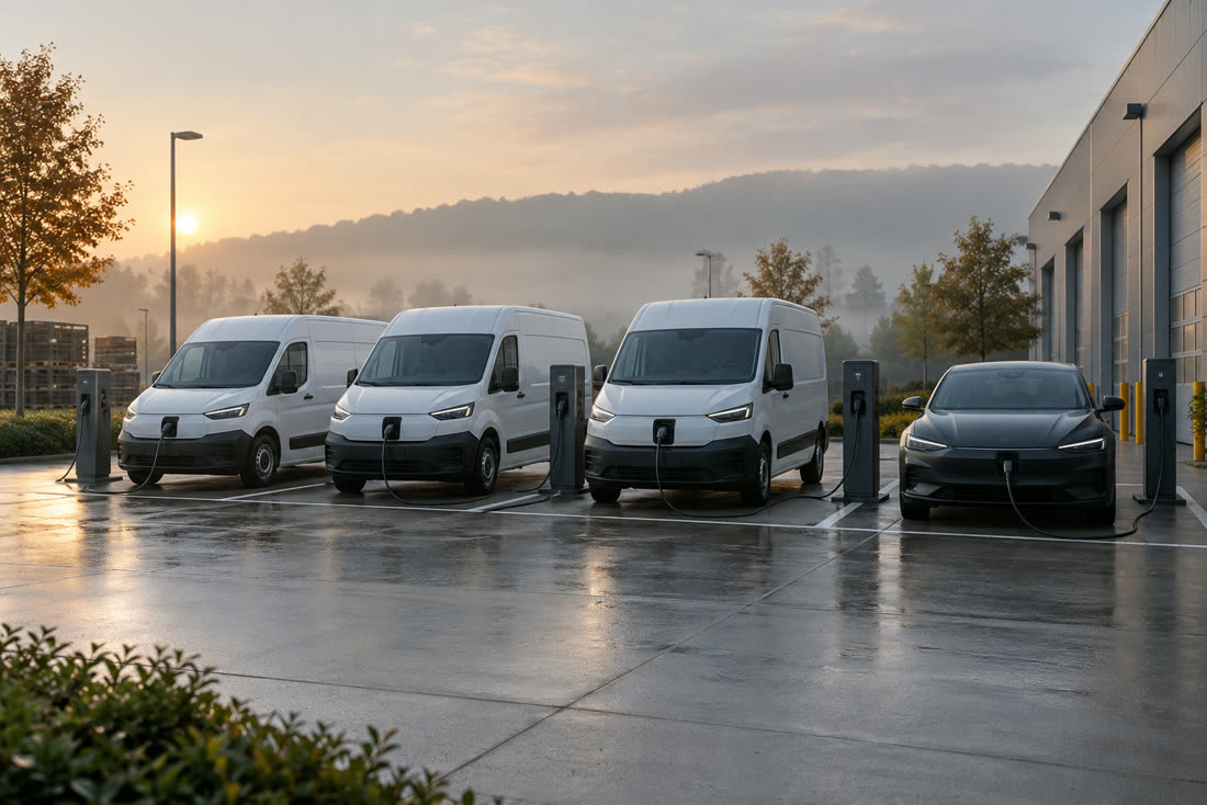 KI-generiertes Symbolbild: E-Transporter und E-Auto laden auf einem Firmenhof